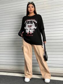 SHEIN EZwear Hơn Halloween Sọ & Đồ họa Khẩu hiệu Thả vai Tee 2 trong1 - màu đen - Xem 3