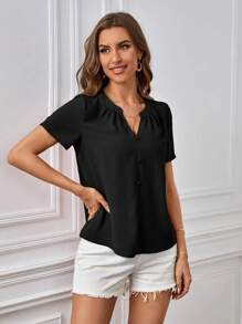 SHEIN Clasi Chất rắn Nút phía trước Cổ có Lỗ hổng Áo sơ mi - màu đen - Xem 5