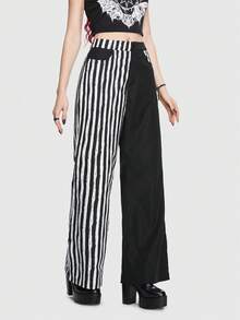ROMWE Goth Striped Print Flare Leg Pants - Black and White - View 4