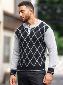 Manfinity Homme Men Argyle Pattern Quarter Button Sweater