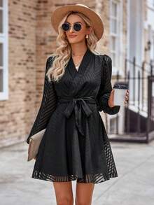 Solid Mesh Overlay Belted Dress - Black - View 6