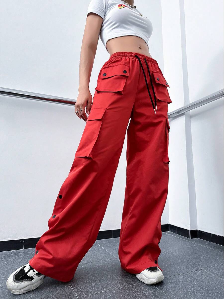 Flap Pocket Drawstring Waist Cargo Pants - Red - View 1