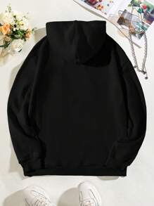Plus Size Letter Graphic Kangaroo Pocket Drawstring Thermal Sweatshirt, For Winter - Black - View 2