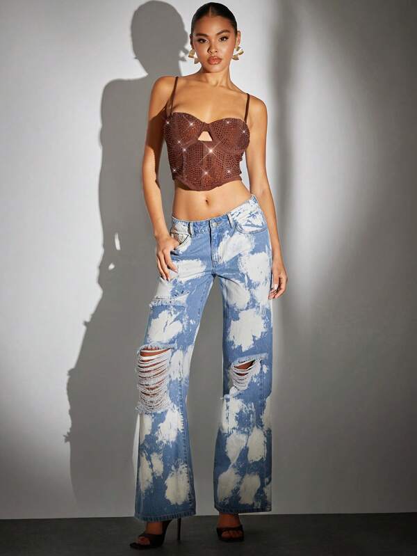 SHEIN BAE 紮染破洞闊腿牛仔褲