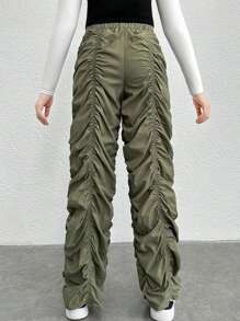 Pantalones anchos plisados con cordón y hebilla en forma de nariz de cerdo en unicolor tejido para adolescente