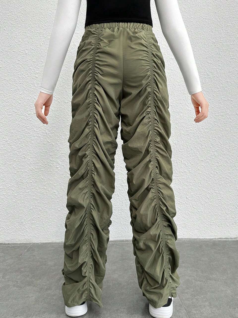 Teen Girl Woven Solid Color Pig-Nose Buckle Drawstring Pleated Wide Leg Pants