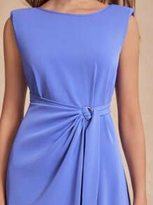 SHEIN Belle Solid Tie Front Dress - Blue - View 4