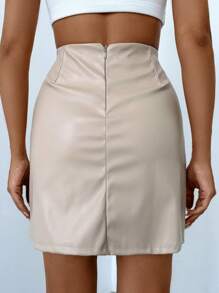 EURMUSE Women's Solid Color High Waist Side Slit Hem PU Leather Mini Skirt - Apricot - View 2