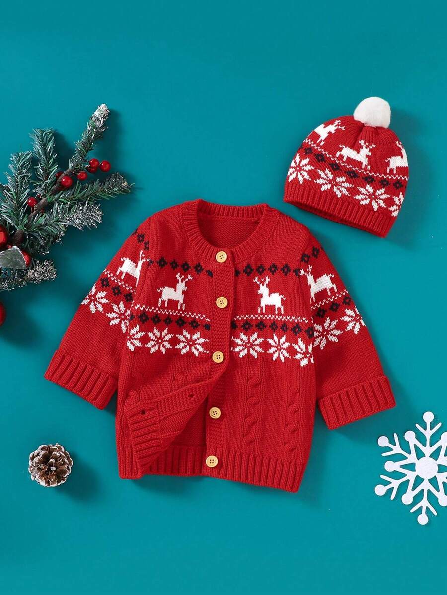 Đứa bé gái Mẫu giáng sinh Nút phía trước Áo len Mở Với mũ - Đỏ - Xem 1
