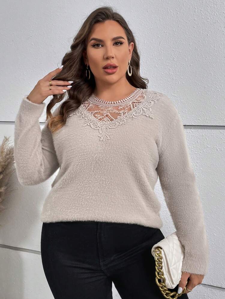Plus Guipure Lace Insert Fuzzy Knit Sweater