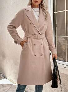 SHEIN LUNE Abrigo de cuello con solapa de doble botonadura con cinturón - Caqui - Ver 3