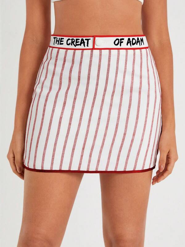 THE CREATION OF ADAM Designer Striped Print Letter Tape Waist Contrast Binding Elegant Skirt, For Summer, Holiday, Party, Vacation, Beach, Festival, Ibiza Fits
