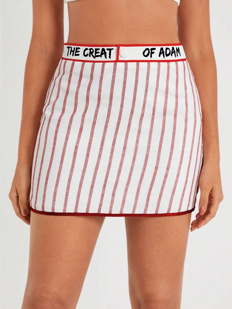 Designer Striped Print Letter Tape Waist Contrast Binding Elegant Skirt, For Summer, Holiday, Party, Vacation, Beach, Festival, Ibiza Fits