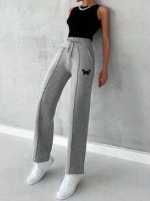 SHEIN Cottnline Butterfly Embroidery Drawstring Waist Seam Detail Sweatpants - Light Grey - View 4