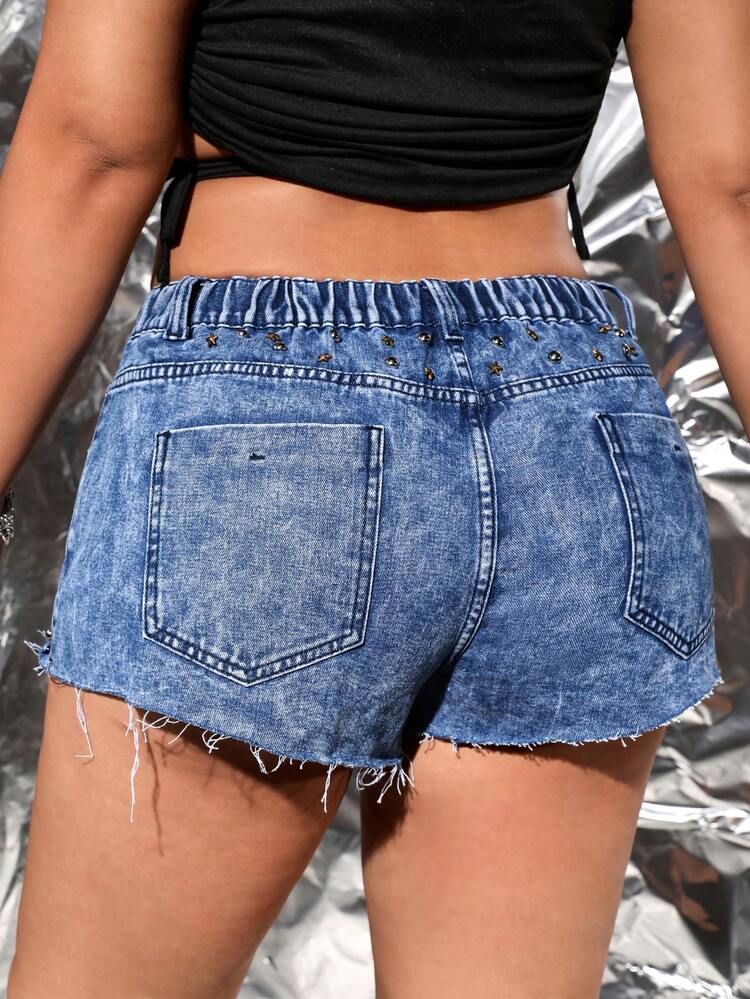 Plus Studded Detail Raw Hem Denim Shorts