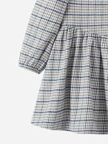 女嬰格紋印花愛心刺繡泡泡袖娃娃裙