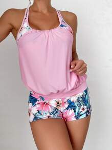 Swim Lushoire Summer Beach Tropical Print Shorts Tankini