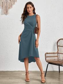 SHEIN Clasi 前收褶素色連衣裙 - 霧霾藍 - 查看 7