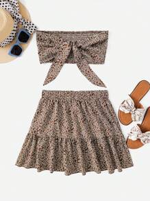 Soleia Ditsy Floral Tie Front Tube Top & Ruffle Hem Skirt - Coffee Brown - View 1