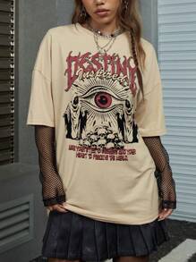 ROMWE Grunge Punk 眼睛骷髏&標語圖案落肩T恤 - 杏色 - 查看 3