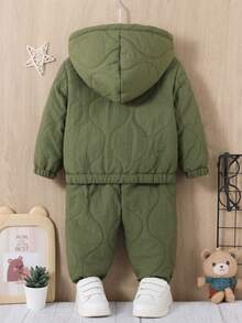 SHEIN 男嬰半拉鏈連帽衫和褲子 - 軍綠色 - 查看 2