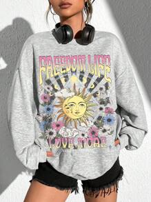 SHEIN EZwear 太陽和字母圖案落肩袖超大衛衣 - 淺灰色 - 查看 1