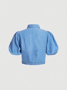 SHEIN MOD Blusa corta para mujer de color unicolor con mangas abullonadas para ropa casual de primavera/verano - Lavado ligero - Ver 2