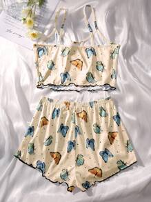 蝴蝶圖案木耳邊前蝴蝶結睡衣套裝 - 杏色 - 查看 2