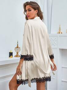 3 piezas top de tirantes con encaje con shorts de satén con bata con cinturón - Champán - Ver 4