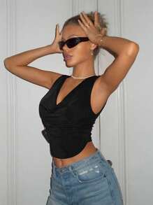 SHEIN ICON Summer Black Draped Collar Crop Tank Top - Black - View 3