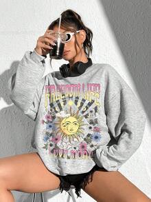 SHEIN EZwear 太陽和字母圖案落肩袖超大衛衣 - 淺灰色 - 查看 8