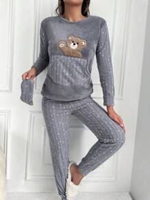 SHEIN Cottnline Bear Print Kangaroo Pocket PJ Set - Grey - View 3