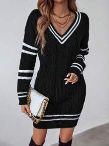 SHEIN Unity Striped Trim Cable Knit Drop Shoulder Sweater Dress Fall Winter Cloth For Women