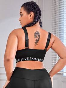 Easithlete Plus Letter Tape Panel Sports Bra - Black - View 2