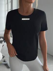 Letter Graphic Sports Tee Gym Top - Black - View 5