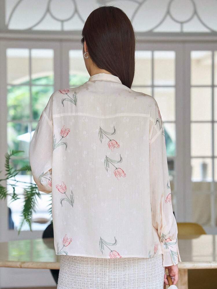 Floral Print Tie Neck Blouse Work Women Clothes,Fall Women Clothes Long Sleeve Top