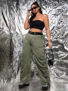 SHEIN ICON Talla grande Jeans fruncido de pierna ancha sin cinturón - Verde militar - Ver 1