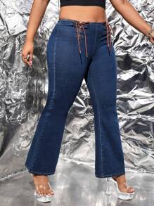 SHEIN ICON Plus Lace Up Front Flare Leg Jeans - Dark Wash - View 1