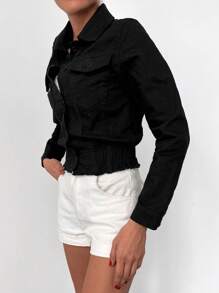 EURMUSE Flap Pocket Raw Hem Denim Jacket - Black - View 4