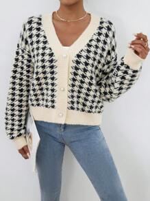SHEIN Privé Houndstooth Pattern Drop Shoulder Cardigan - Black and White - View 5