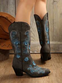 Style With Hoodie Women Fashion Western Style Booties With Embroidery Detail, Fashion Boots, Cowboy Boots For Women - Dark Grey - View 2