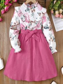 SHEIN 女大童印花荷葉邊荷葉袖繫腰帶連衣裙