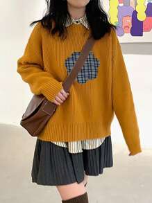 Plaid Print Drop Shoulder Jumper - Orange - View 1