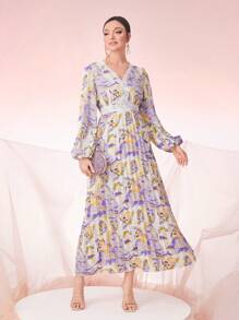 Mulvari Allover Print Lantern Sleeve Ruffle Hem Dress - Multicolor - View 1