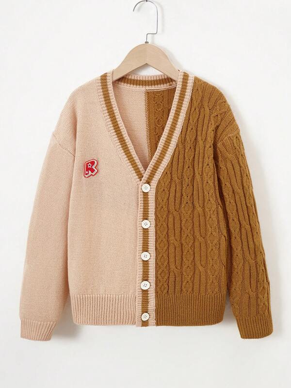 Tween Boy Two Tone Letter Embroidery Striped Trim Drop Shoulder Cable Knit Cardigan
