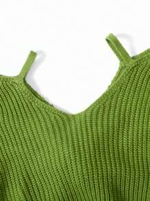 SHEIN Tween Girl Cold Shoulder Twist Front Crop Sweater - Olive Green - View 4