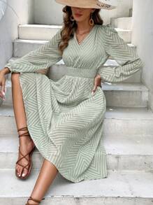 SHEIN Frenchy Chevron Jacquard Lantern Sleeve Tie Back Dress - Green - View 5