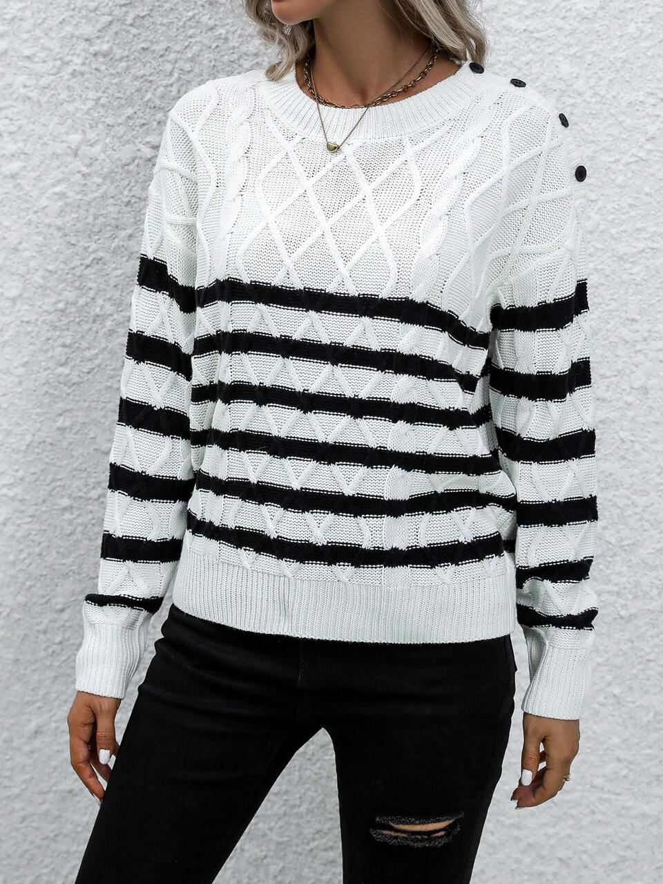 Striped Pattern Drop Shoulder Knit Pullover Fall Winter Sweater