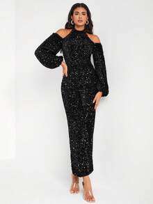 SHONTAY RACQUEL Off Shoulder Halter Neck Lantern Sleeve Sequin Jumpsuit - Black - View 3
