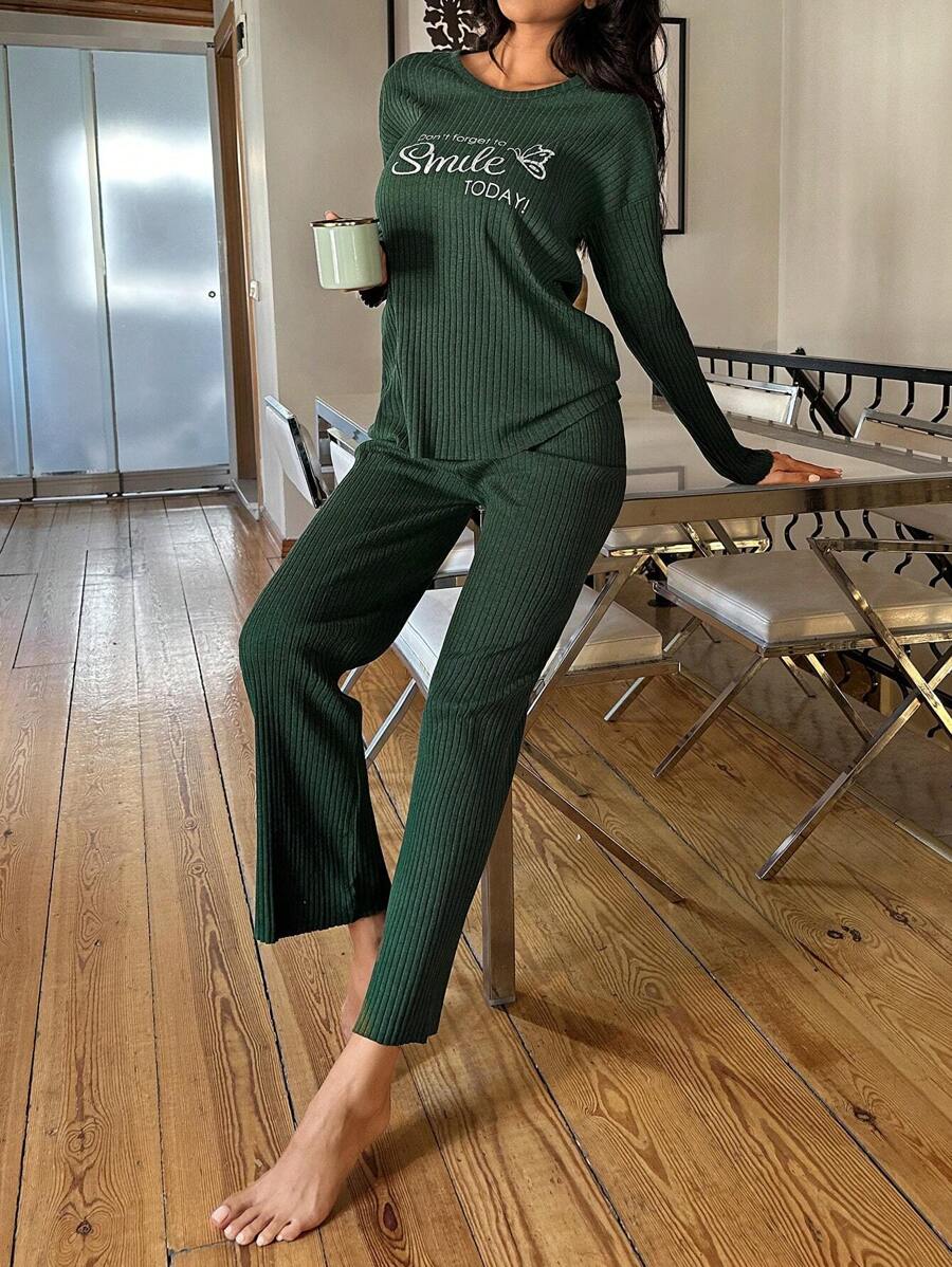 RueChic Slogan Graphic Ribbed Knit Lounge Set - Green - View 1